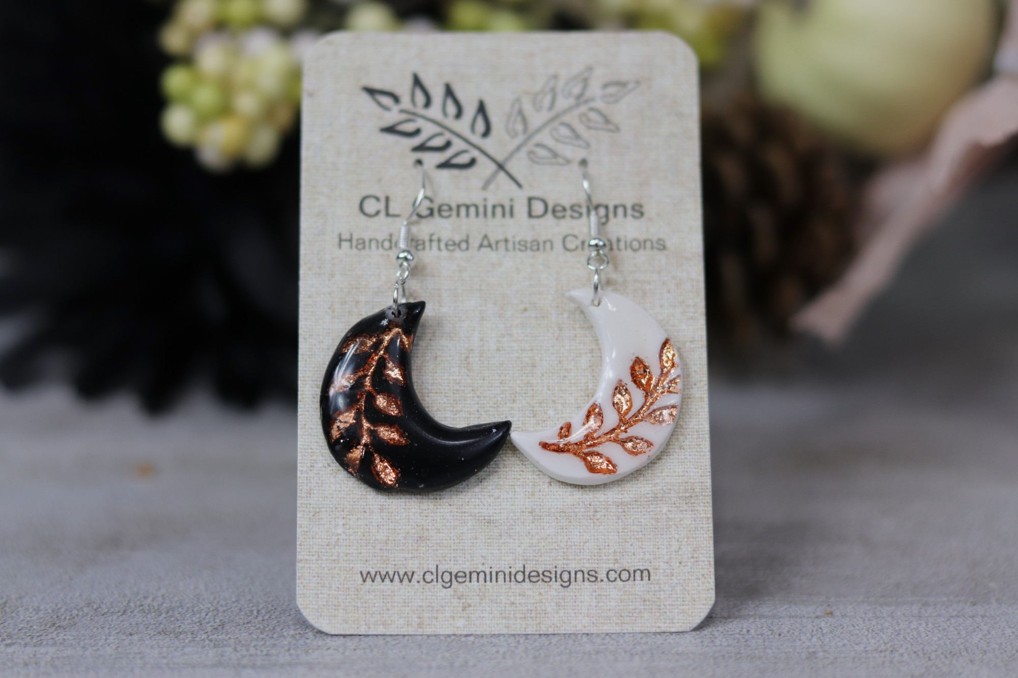 Embossed Crescent & Metallic Moon Leaf Earrings
