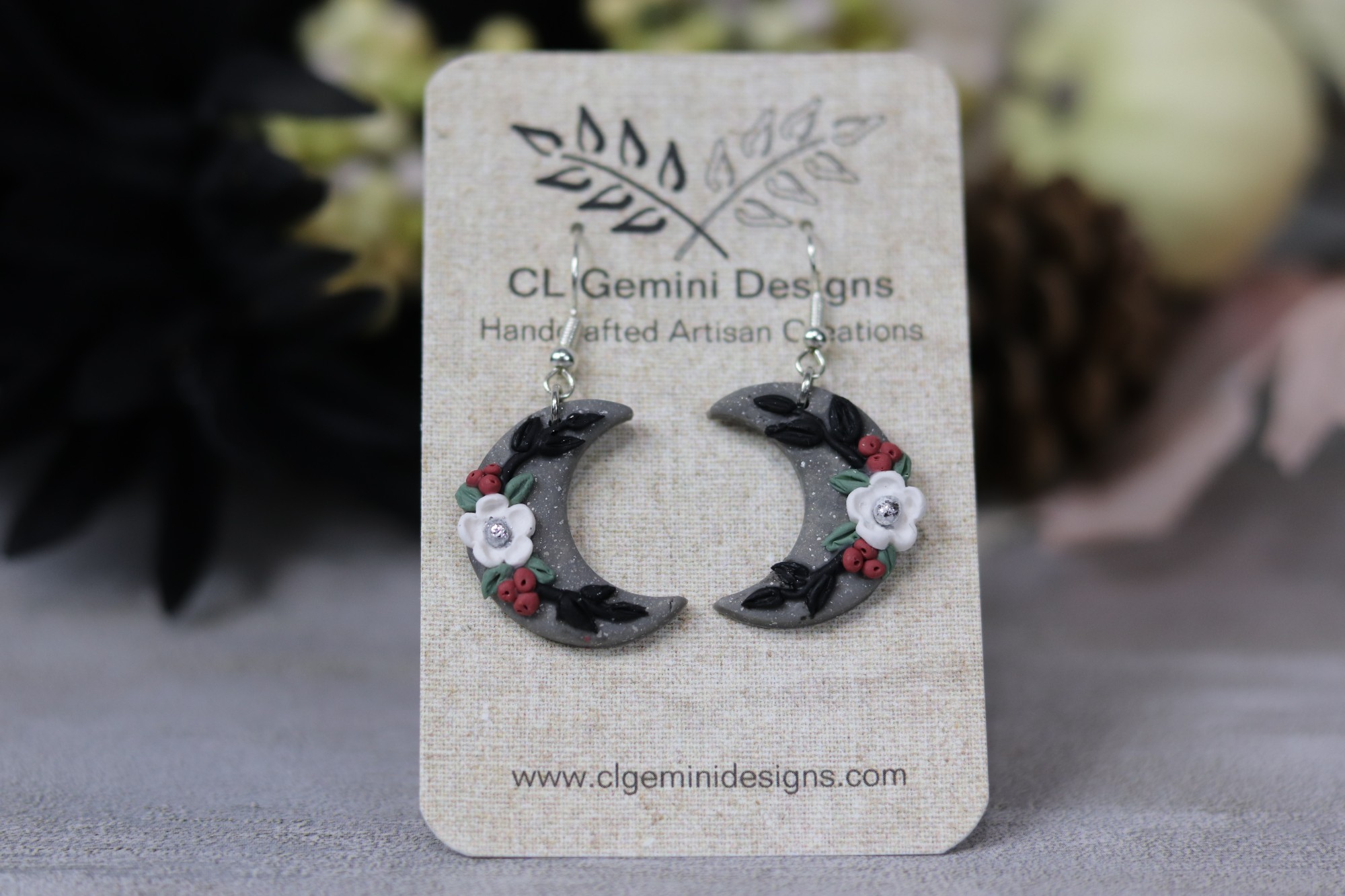 Moon Blossom Earrings — Floral Crescent