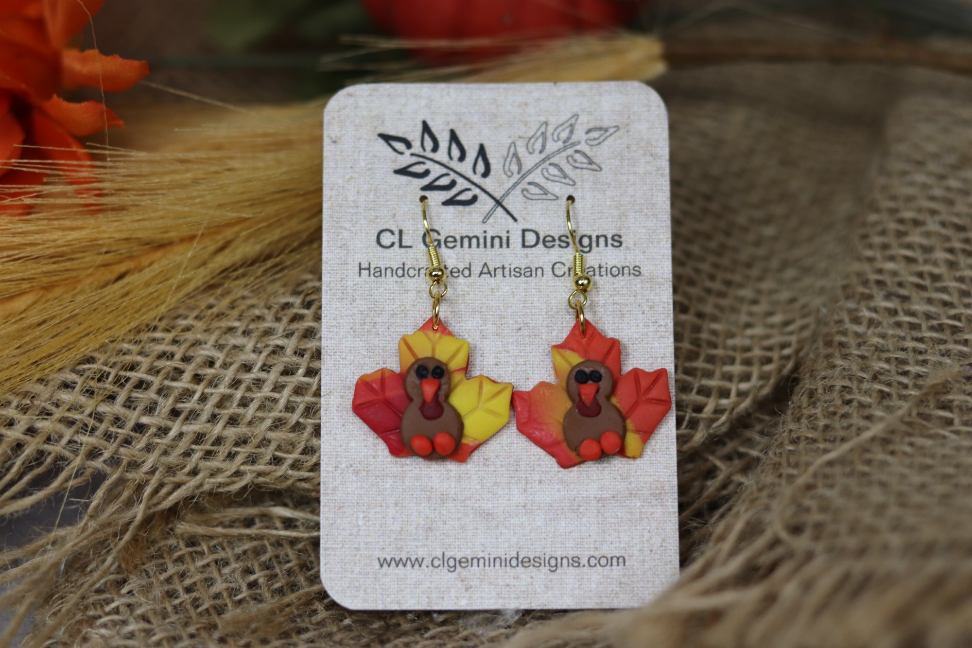 Autumn Turkey Earrings – Polymer Clay Mini Turkeys on Leaf Tails
