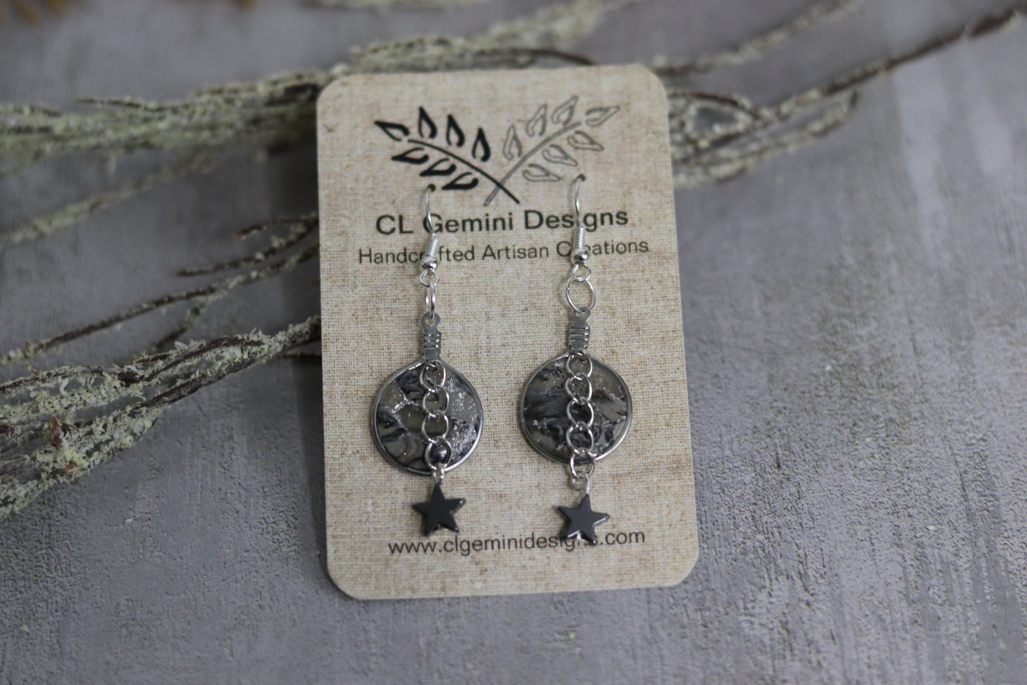 Lunar Drip Earrings — marbled moon disc with chain + star charm