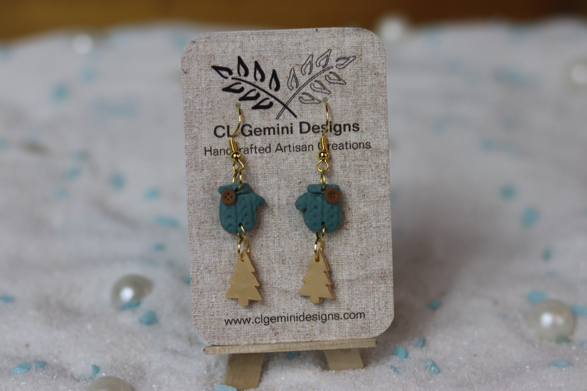 Cozy Mitten Dangle Earrings — Teal Knit with Wood Accents Cozy Mitten Dangle Earrings — Teal Knit with Wood Accents