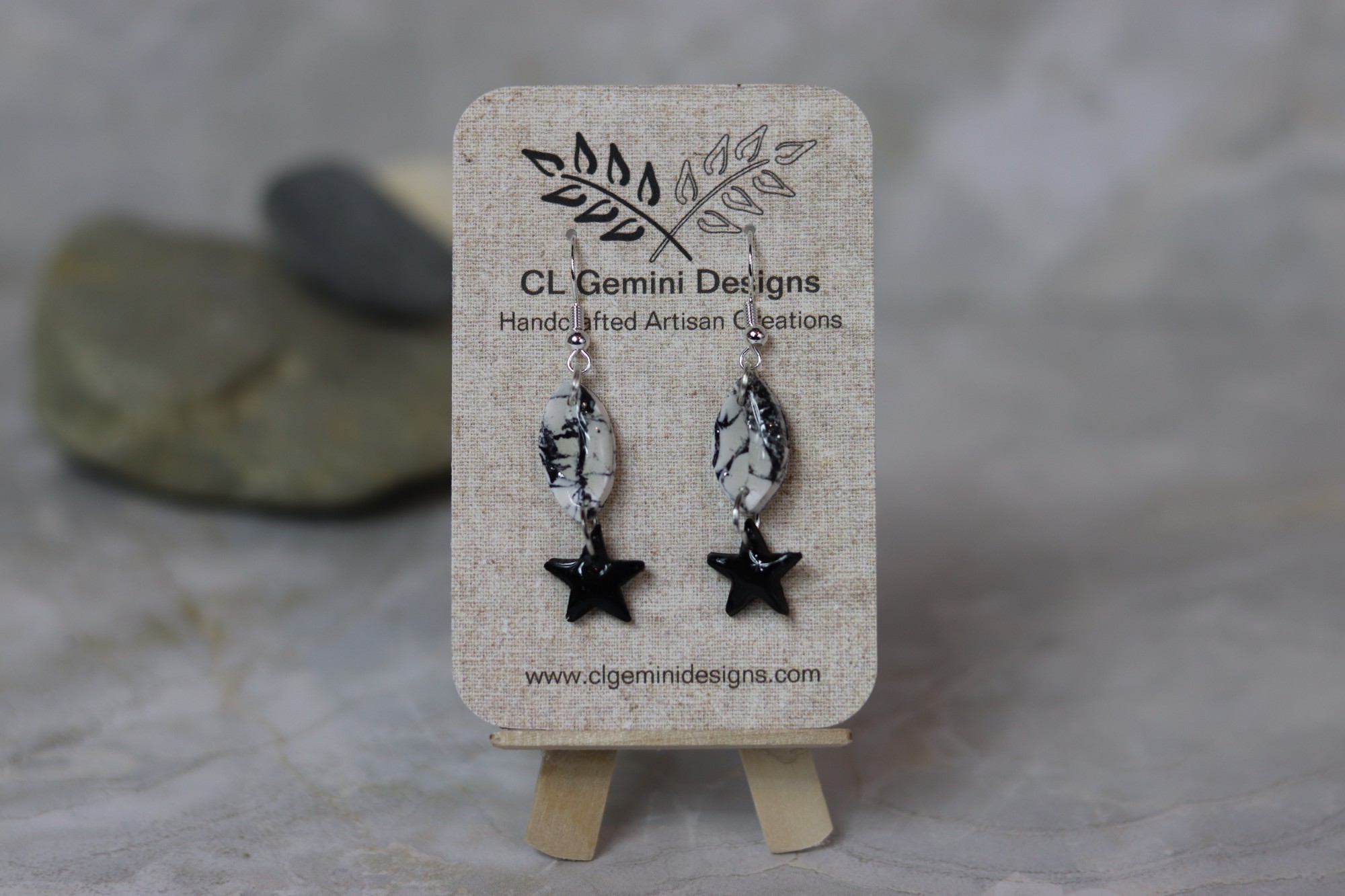 Black & White Marble Oval Earrings - Image 2