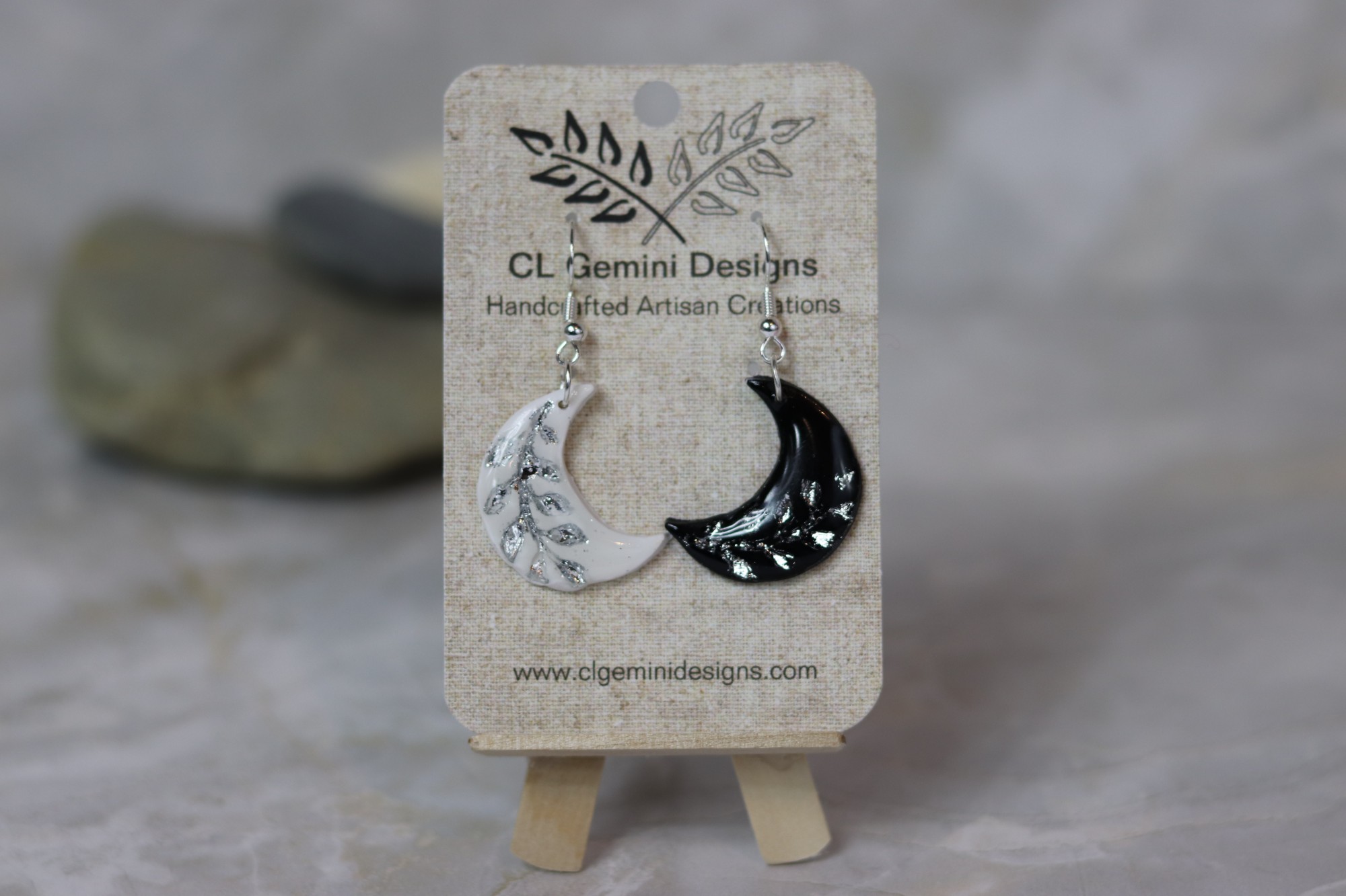 Embossed Crescent & Metallic Moon Leaf Earrings - Image 2