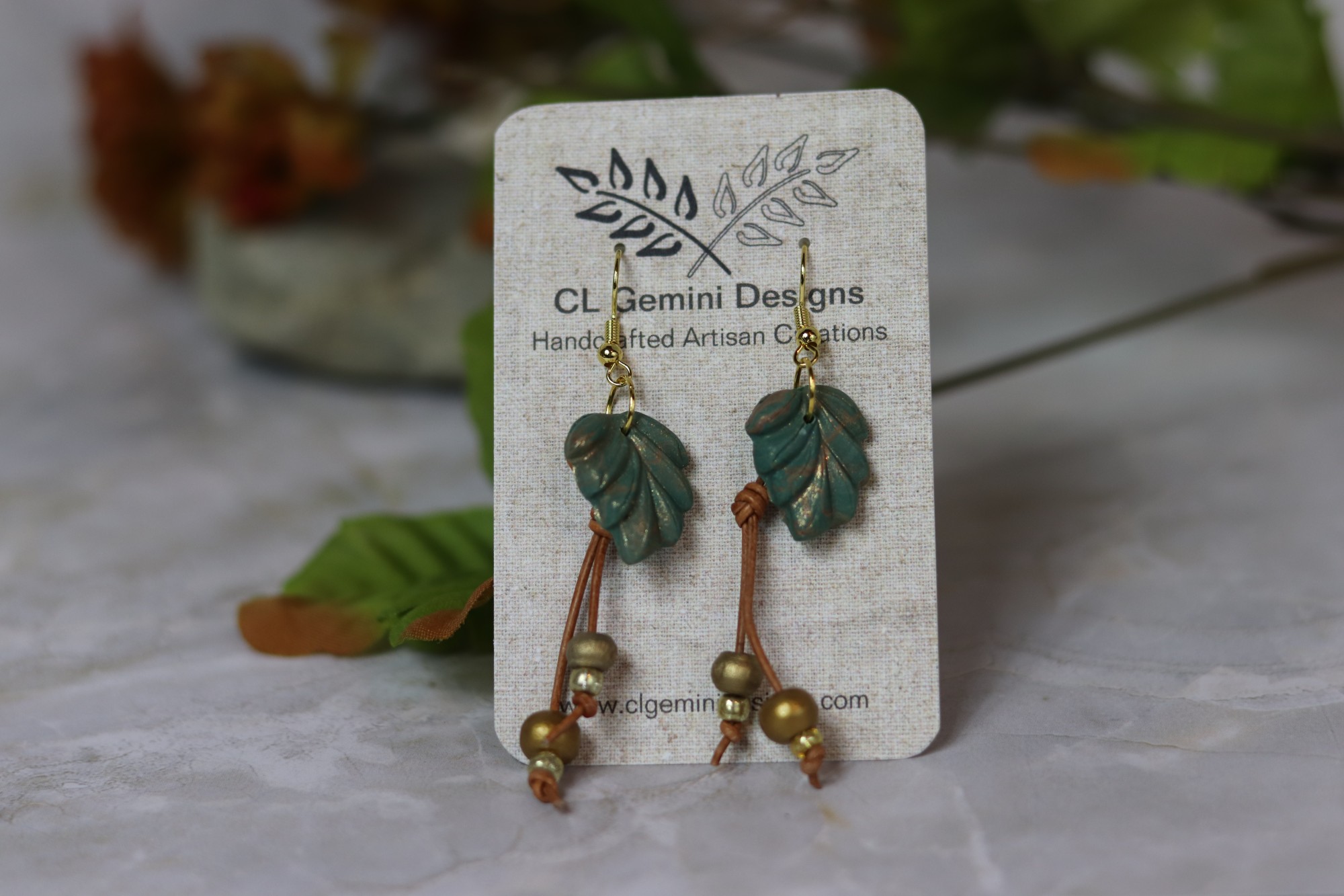 Woodland Leaf Dangle Earrings with Beaded Cord Tassels Woodland Leaf Dangle Earrings with Beaded Cord Tassels